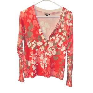 Express Women’s Cardigan Small Coral Floral Print Button Front Long Sleeve